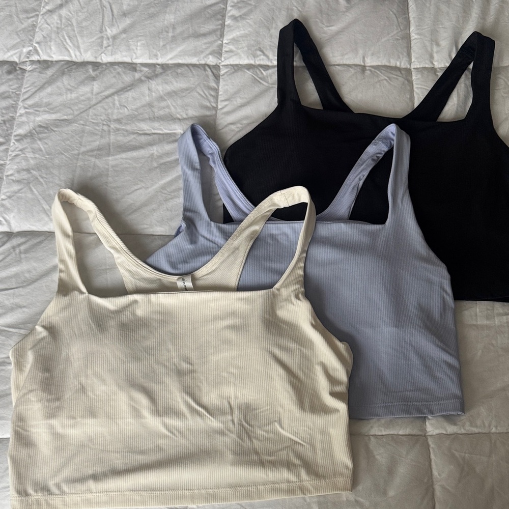 Set of Three Ribbed  workout Tank Tops - Black, Cream, and Light Blue